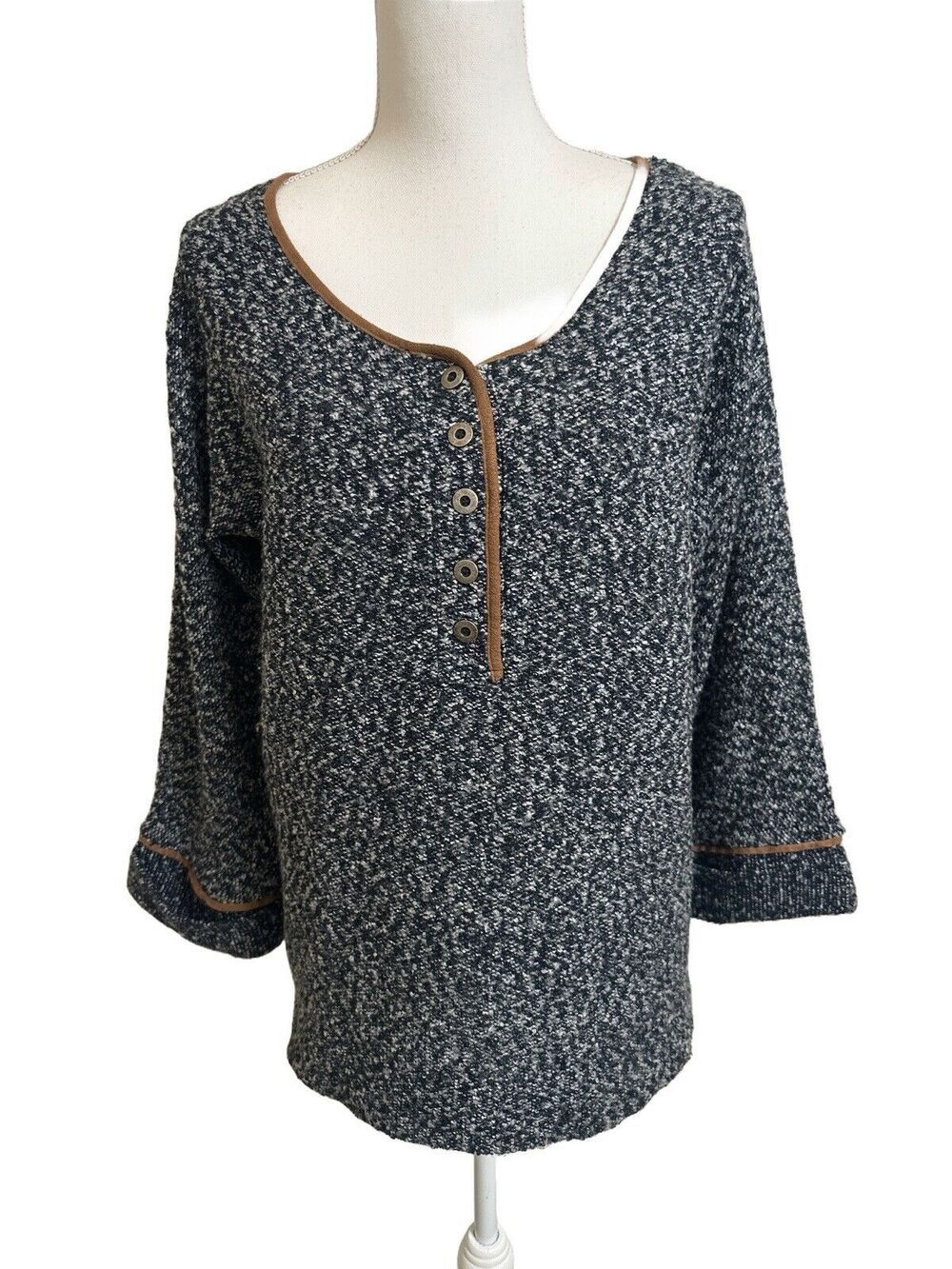 Soft Surroundings Women's S Navy Henley Sweater Top 3/4 Sleeve Oversized Small